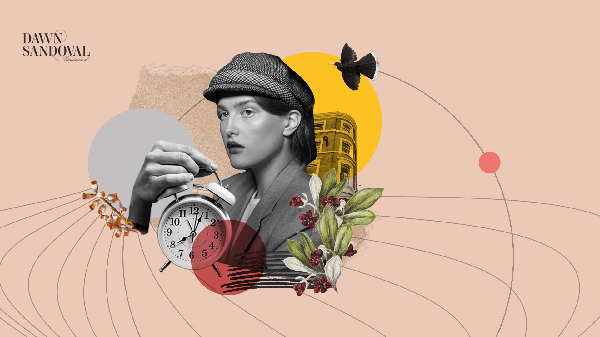Dawn Sandoval Residential logo in top left. Mixed graphic with botanics, clock, building, woman and birds in the centre.