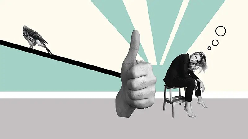 Thumbs up, woman sitting in chair thinking and blue graphics.