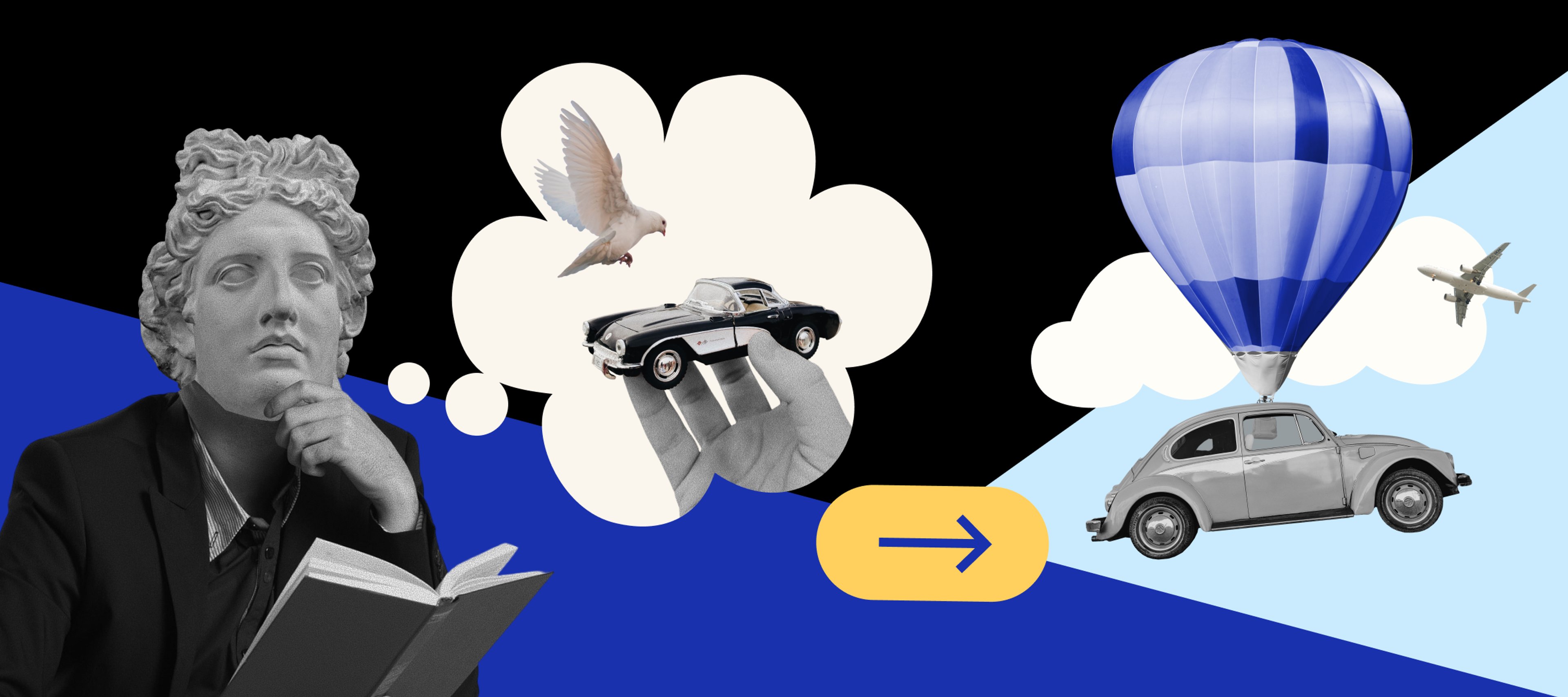 image of statue thinking about the creation of cars flying