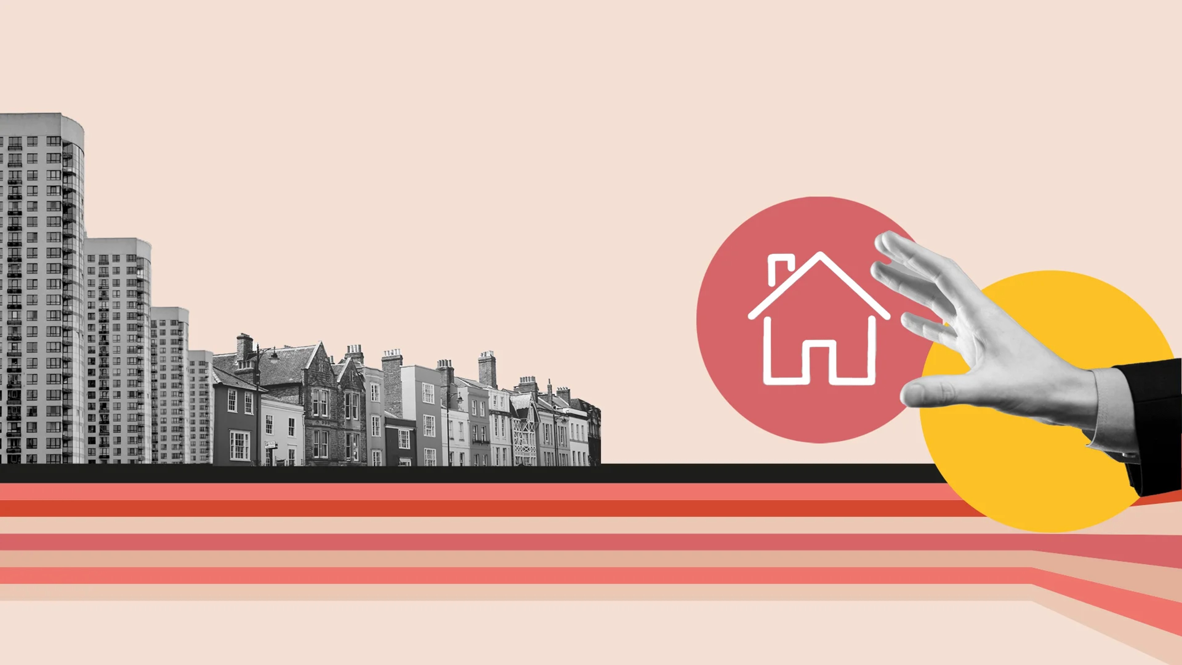 High-rise buildings and detached town houses on the left. Hand reaching out to a 'home' symbol on the right. 
