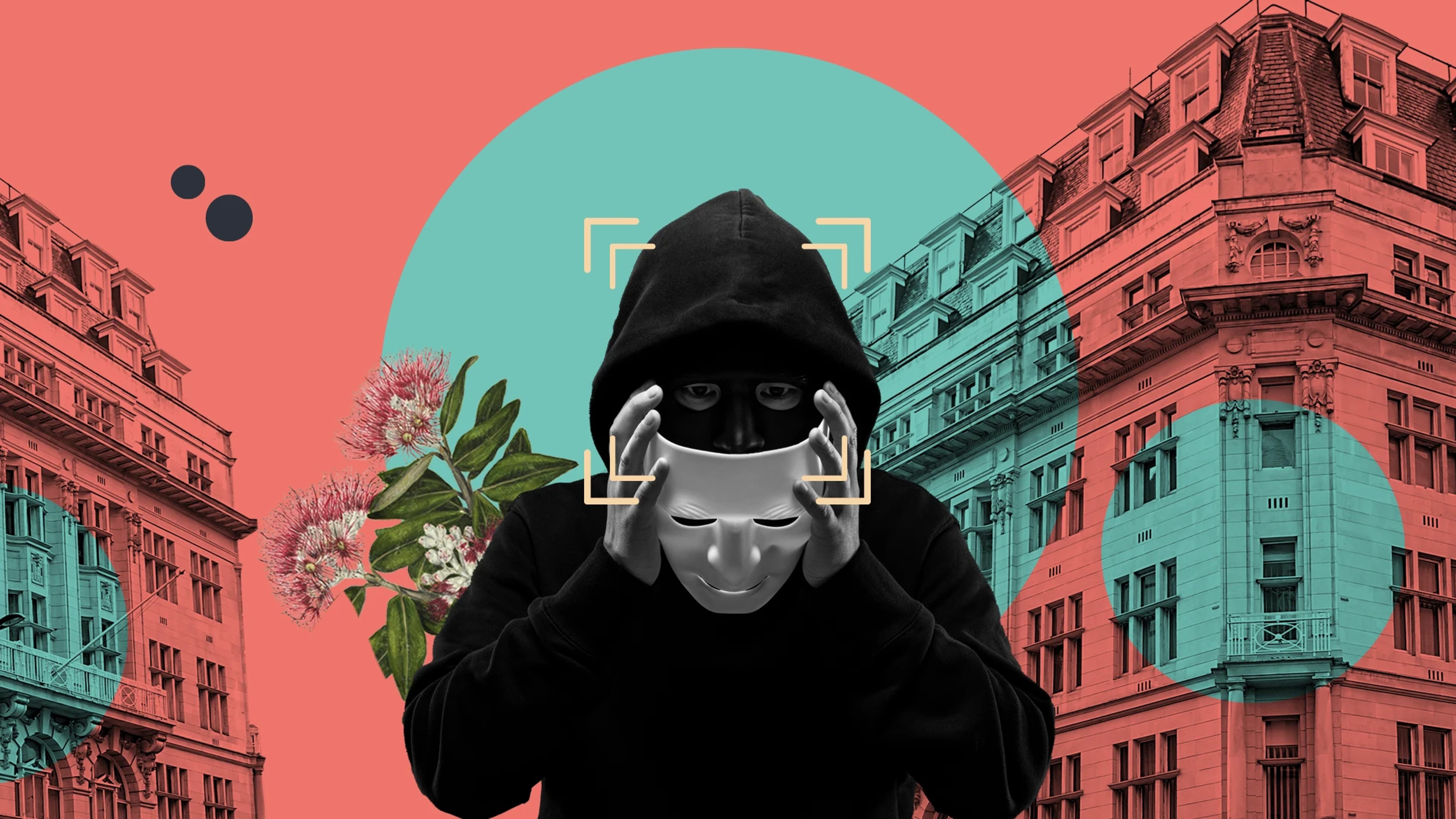 Background filled with buildings. In the centre, a person with their hood up all in black, is taking their white mask off. 