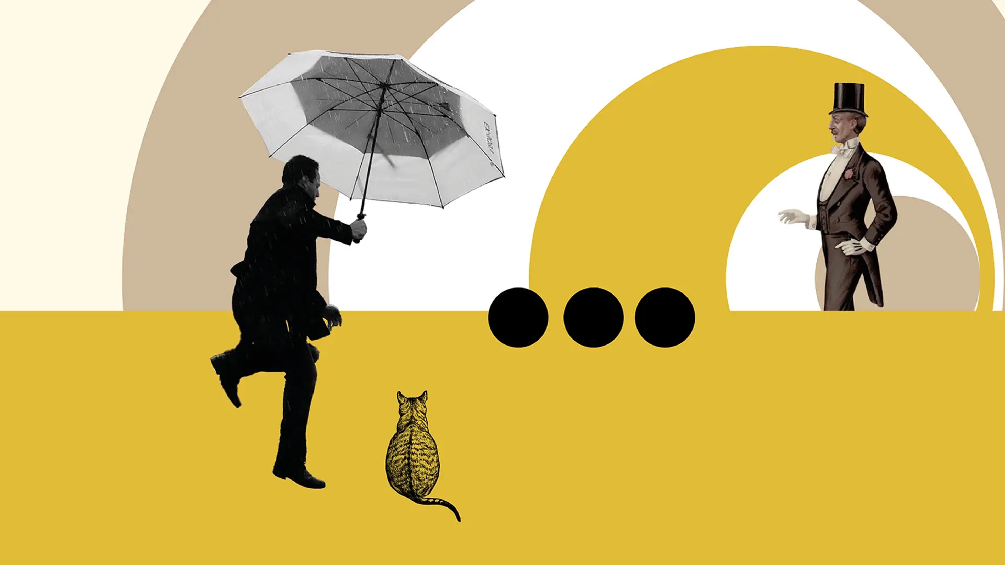 Yellow graphics with man holding umbrella and cat