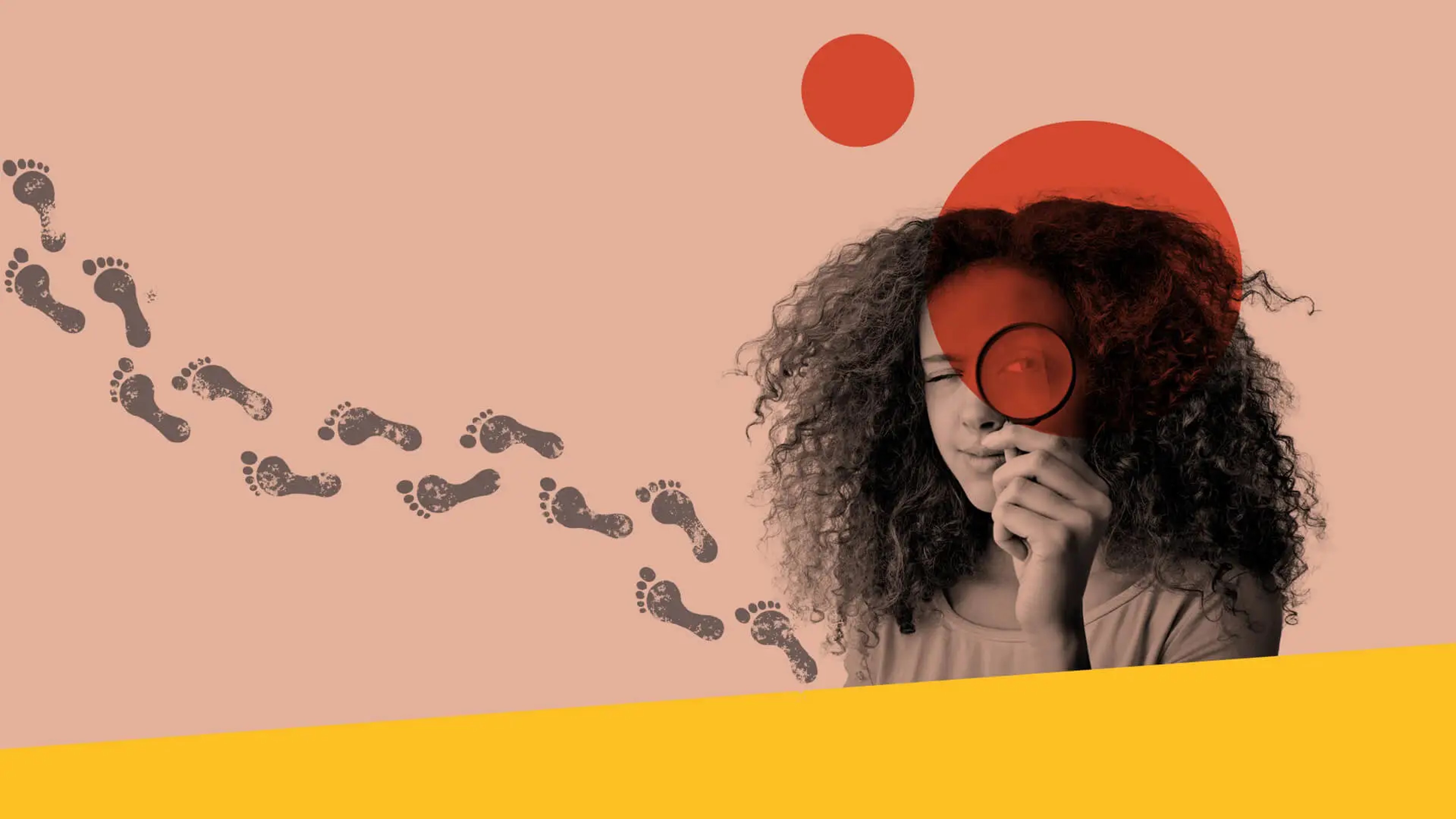 Woman with magnifying glass, footprint and circle graphics