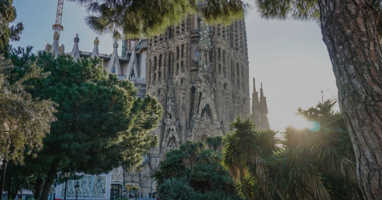 En bild på La sagrada familia och gröna träd.