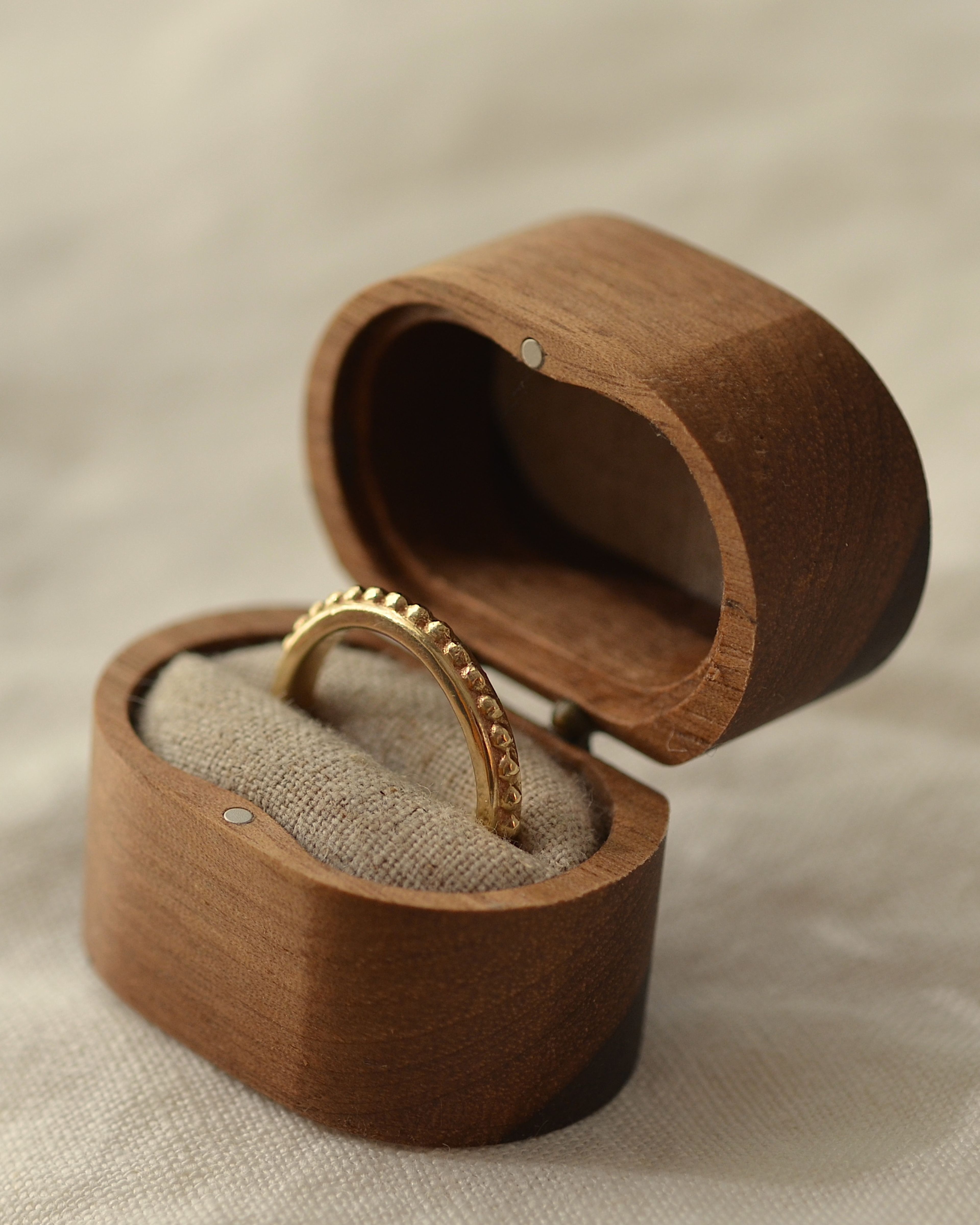 Solid river gold grain ring in handmade NZ made sustainable wooden presentation box