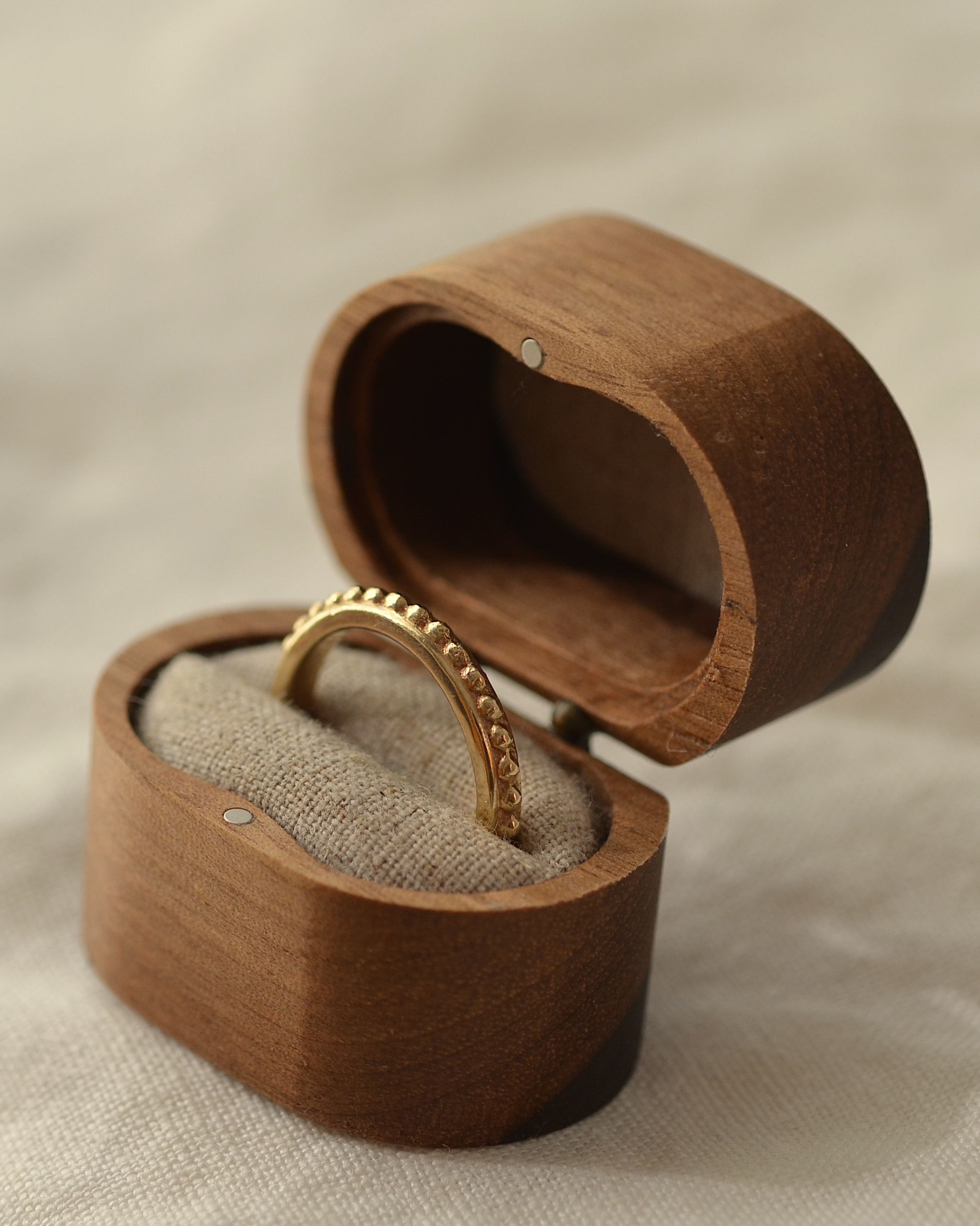 Solid river gold grain ring in handmade NZ made sustainable wooden presentation box