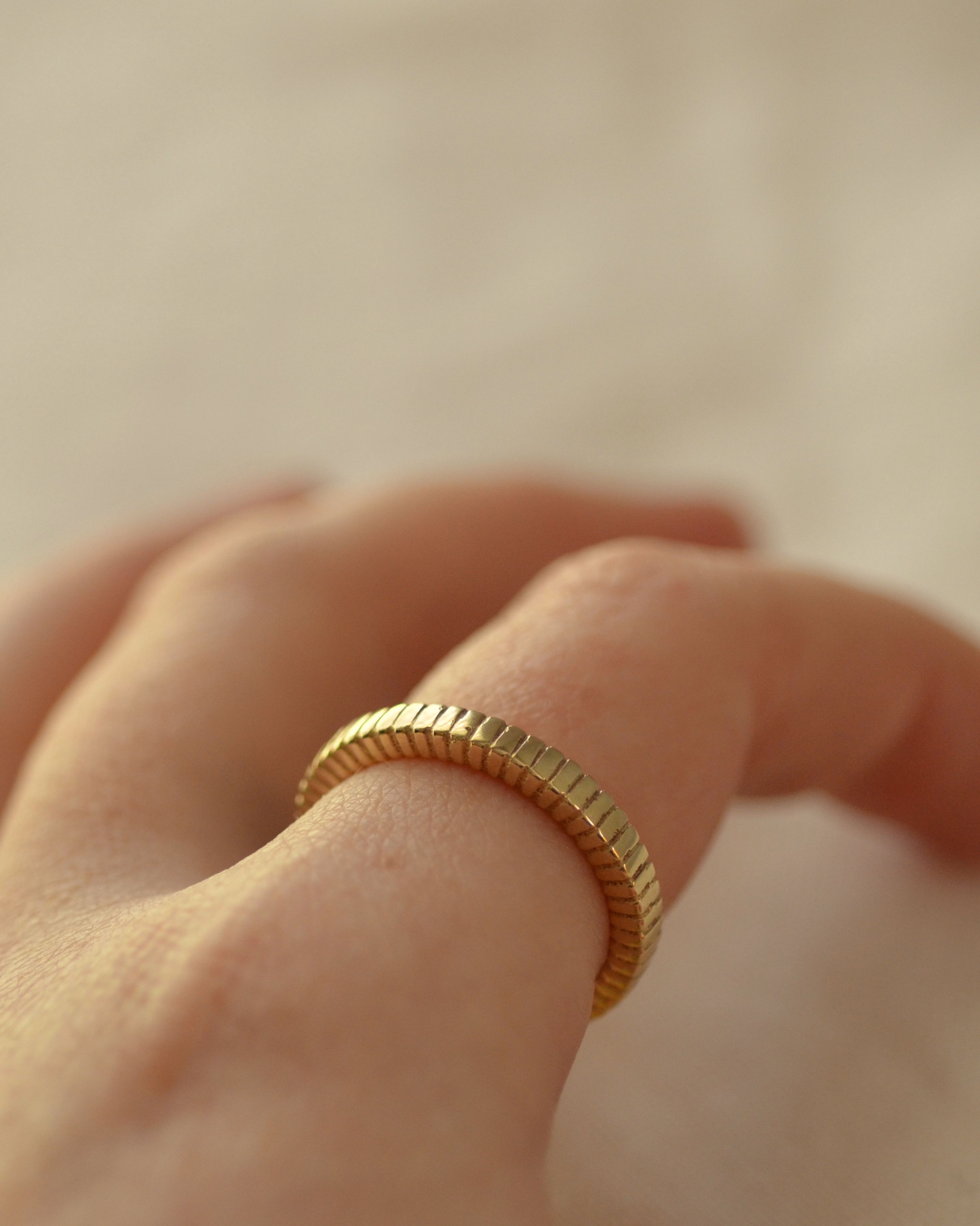 Ribbed ring worn on finger showing texture profile 