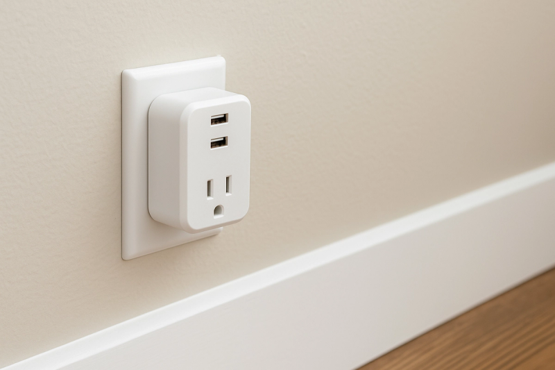 Plug-in USB outlet adapter installed in a Flower Mound home, offering two USB ports without rewiring