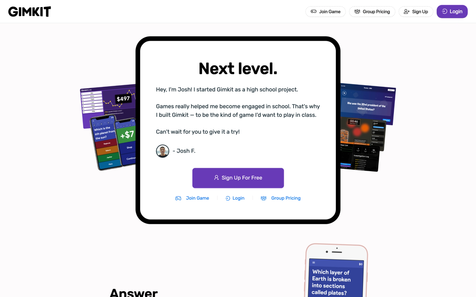 Gimkit homepage hero section