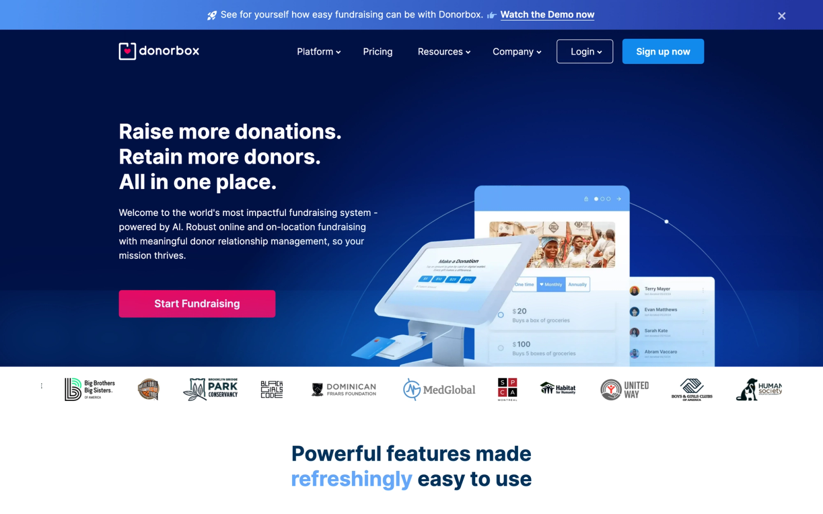 Donorbox homepage hero section