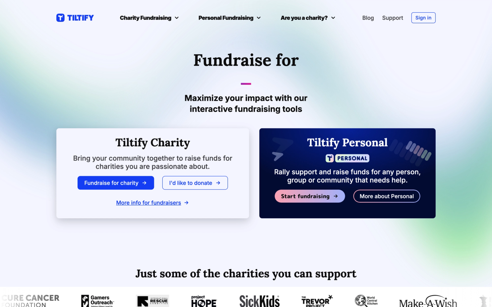 Tiltify homepage hero section