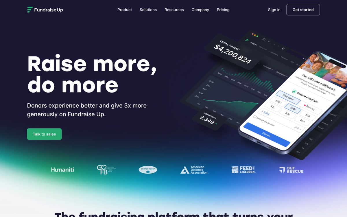 Fundraise Up homepage hero section