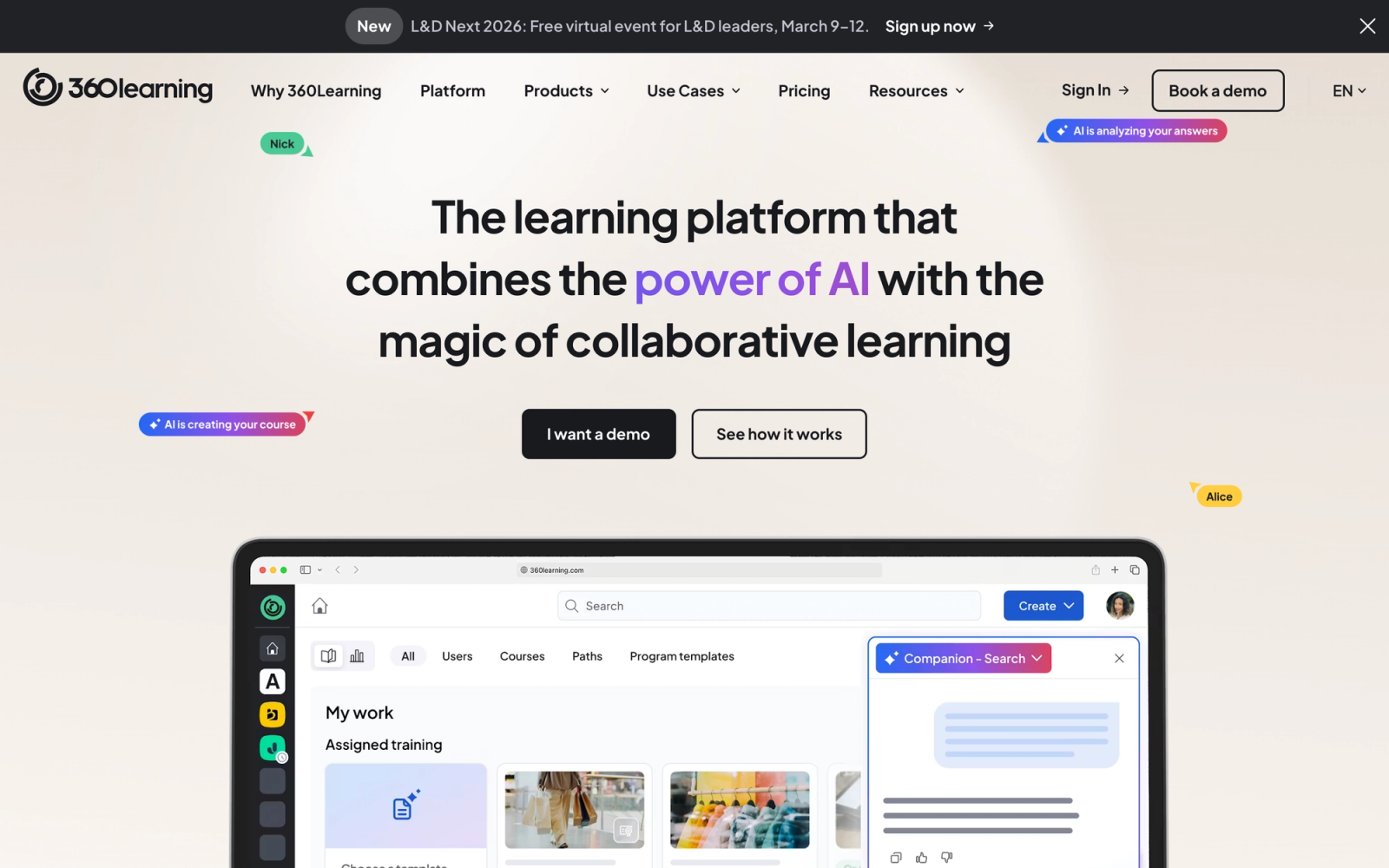 360Learning homepage hero section