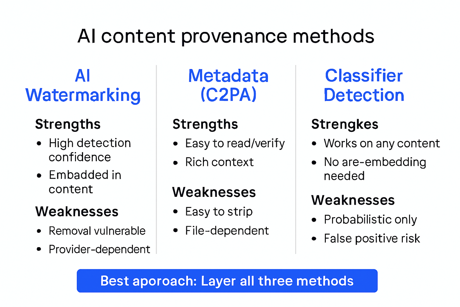 Infographic comparing three AI provenance methods: watermarking, metadata, and classifier detection with strengths and weaknesses
