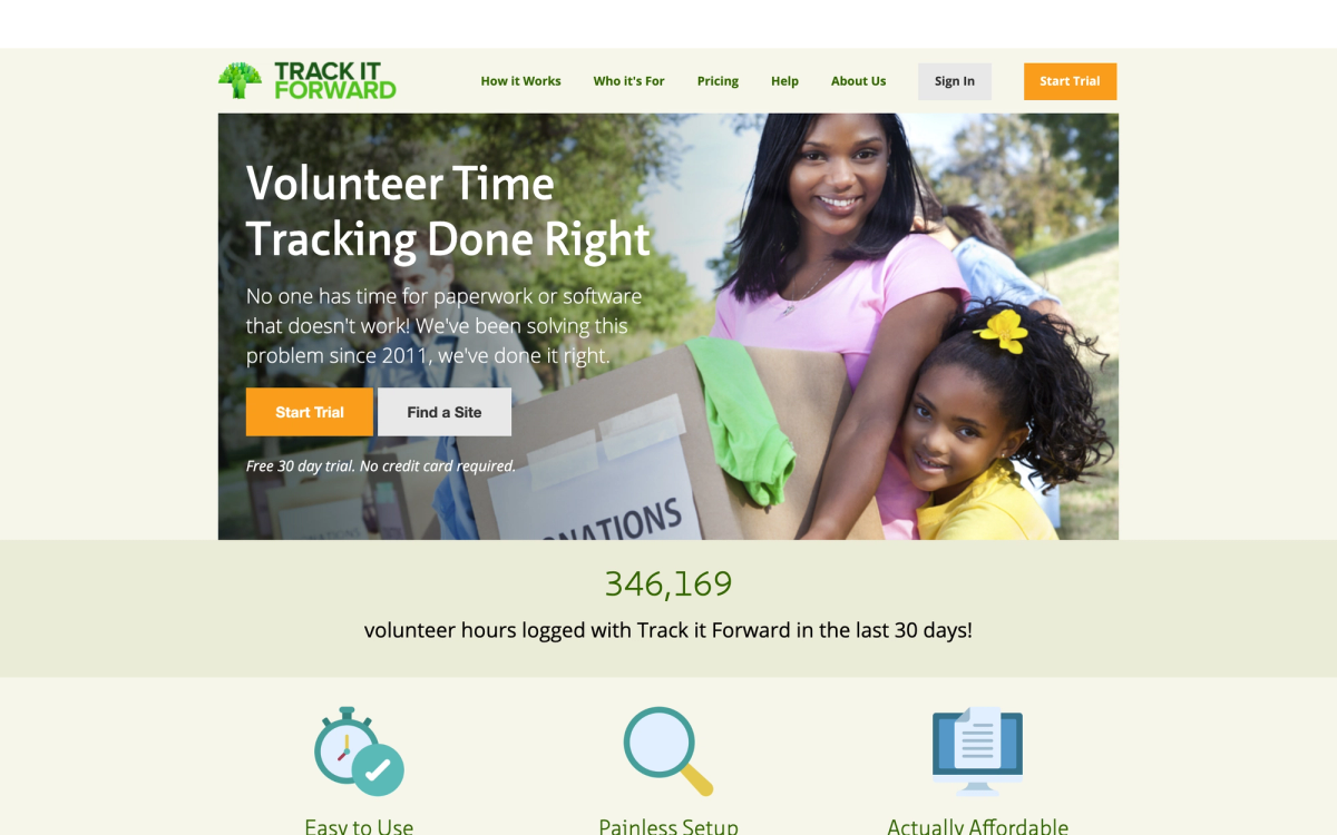 Track It Forward homepage hero section