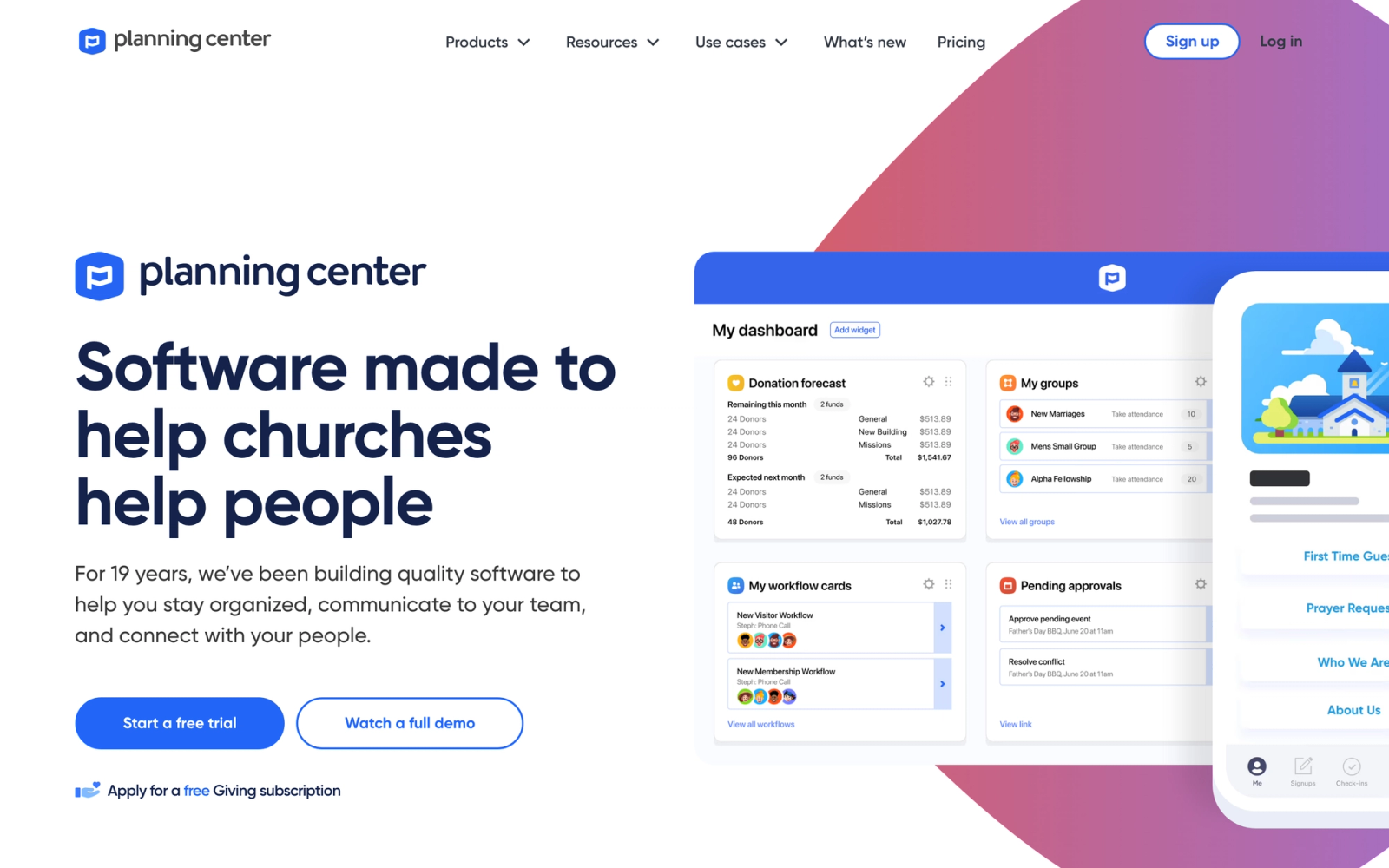 Planning Center homepage hero section
