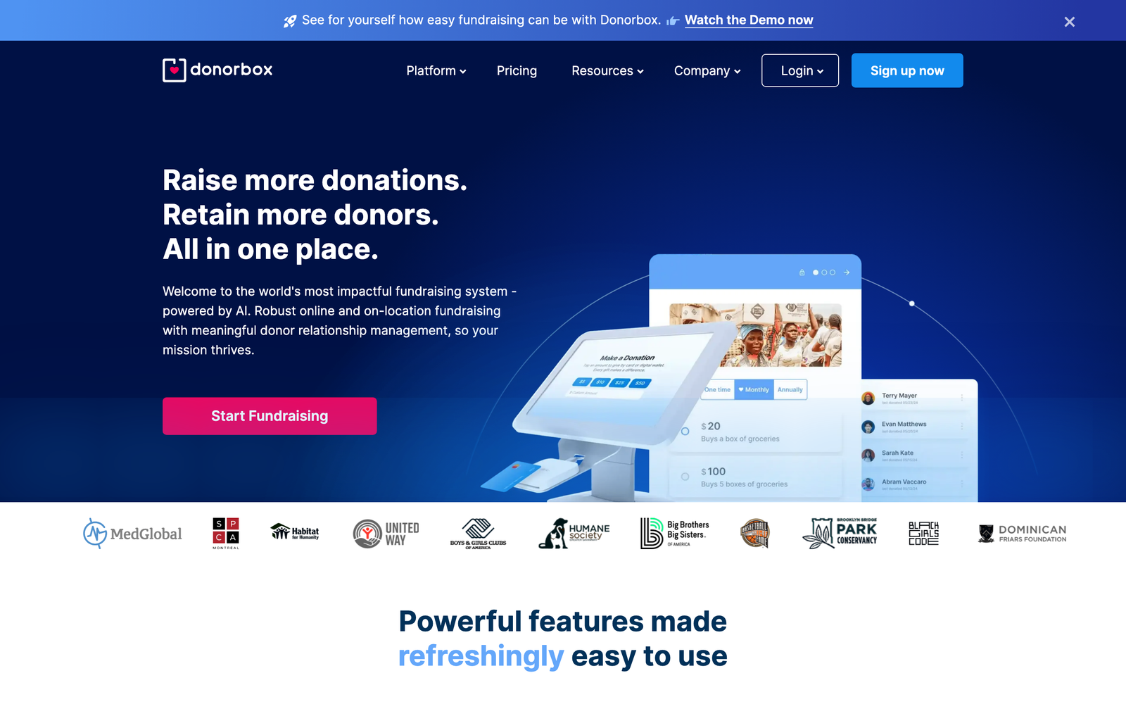 Donorbox homepage hero section