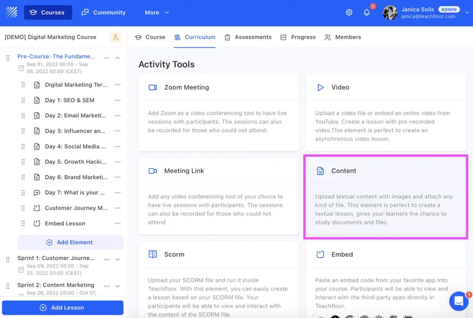 Content organized into digestible modules in Teachfloor course builder