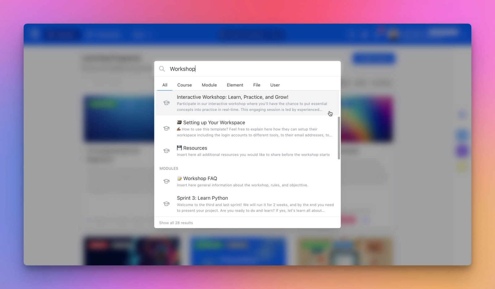 Search Bar: Find Courses, Lessons, Files, and Users Instantly