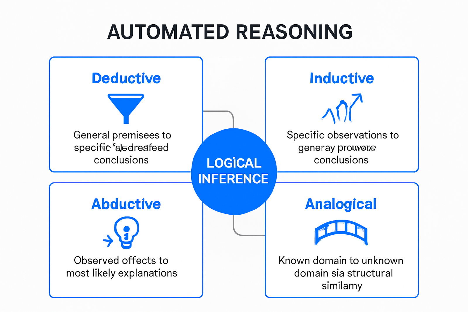 Infographic showing four types of automated reasoning: deductive, inductive, abductive, and analogical, with brief descriptions of each