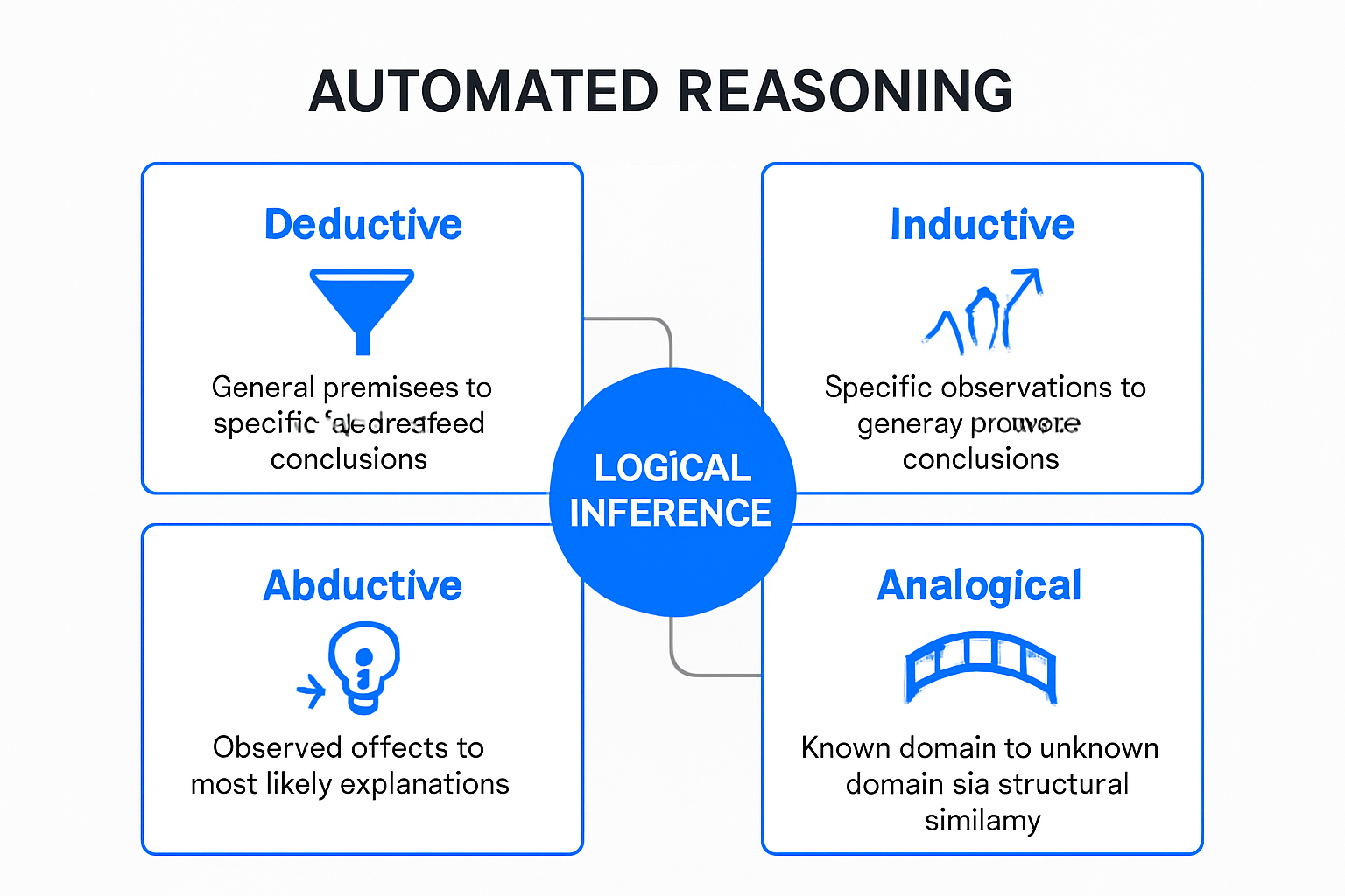 Infographic showing four types of automated reasoning: deductive, inductive, abductive, and analogical, with brief descriptions of each