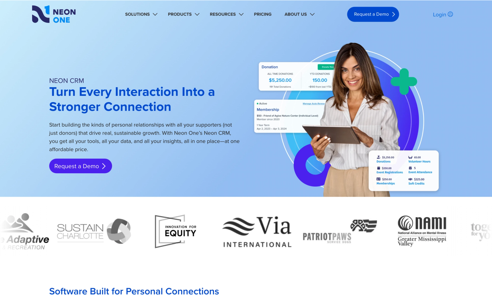 Neon CRM homepage hero section