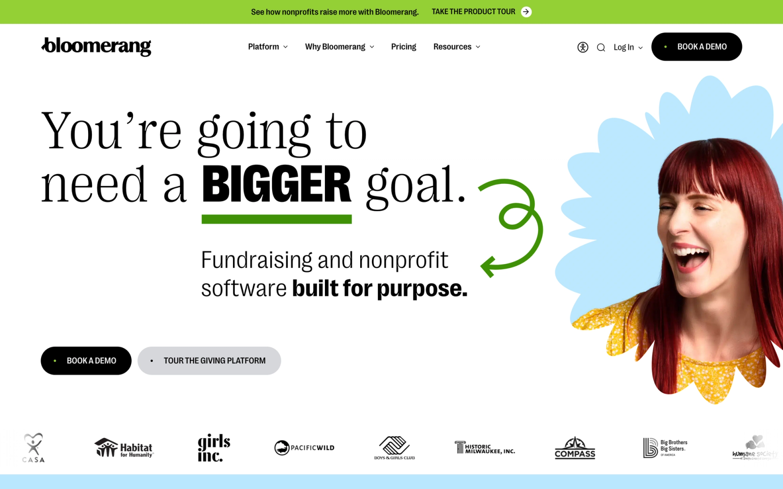 Bloomerang homepage hero section