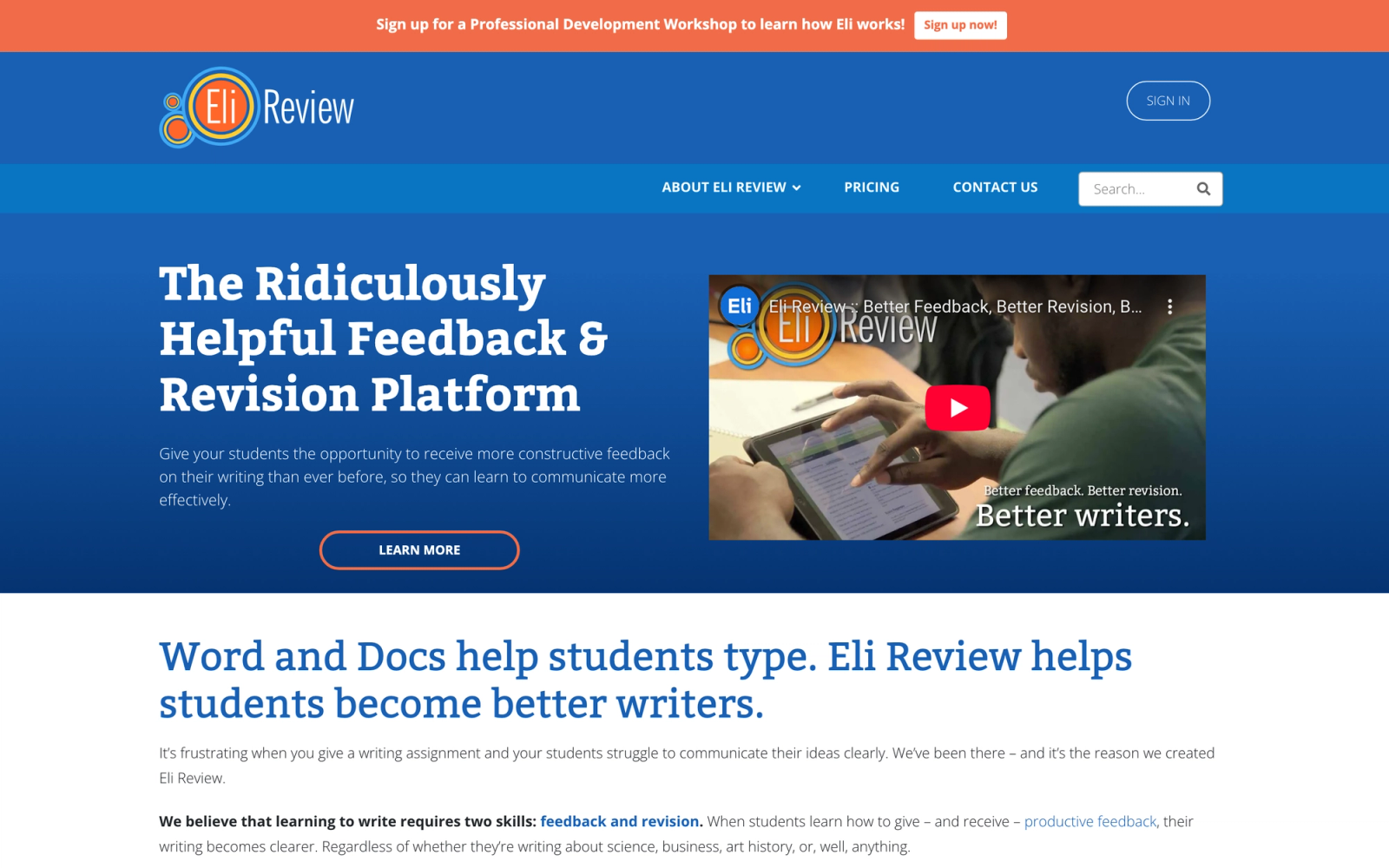 Eli Review peer review and feedback platform homepage