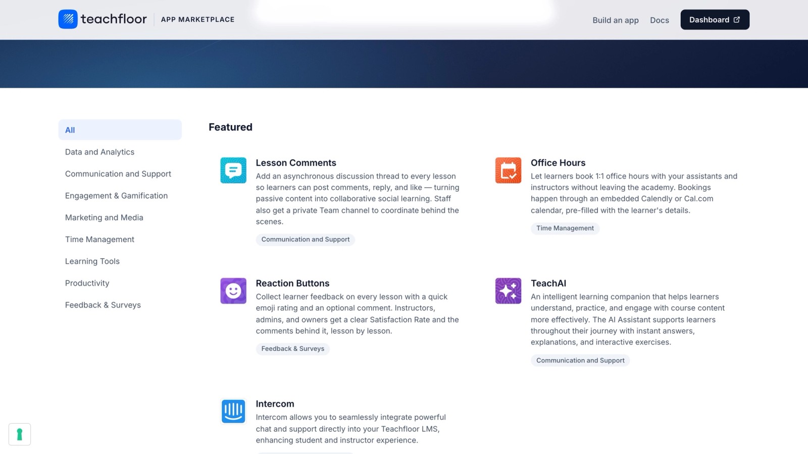 Teachfloor App Marketplace with apps such as Lesson Comments, Office Hours, Reaction Buttons and TeachAI