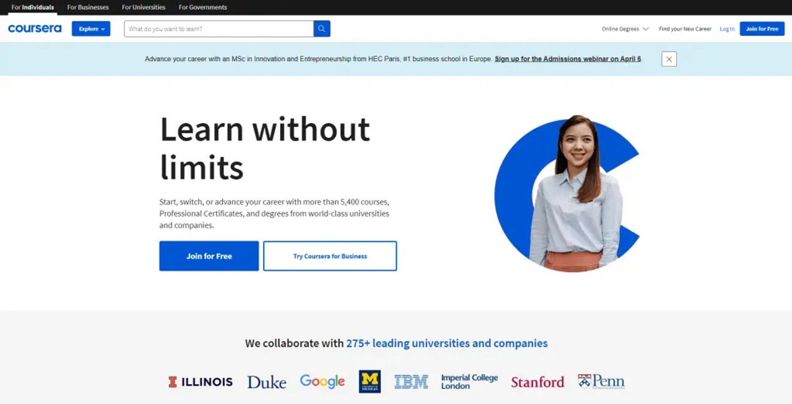Coursera homepage shown as a runner-up Pluralsight alternative