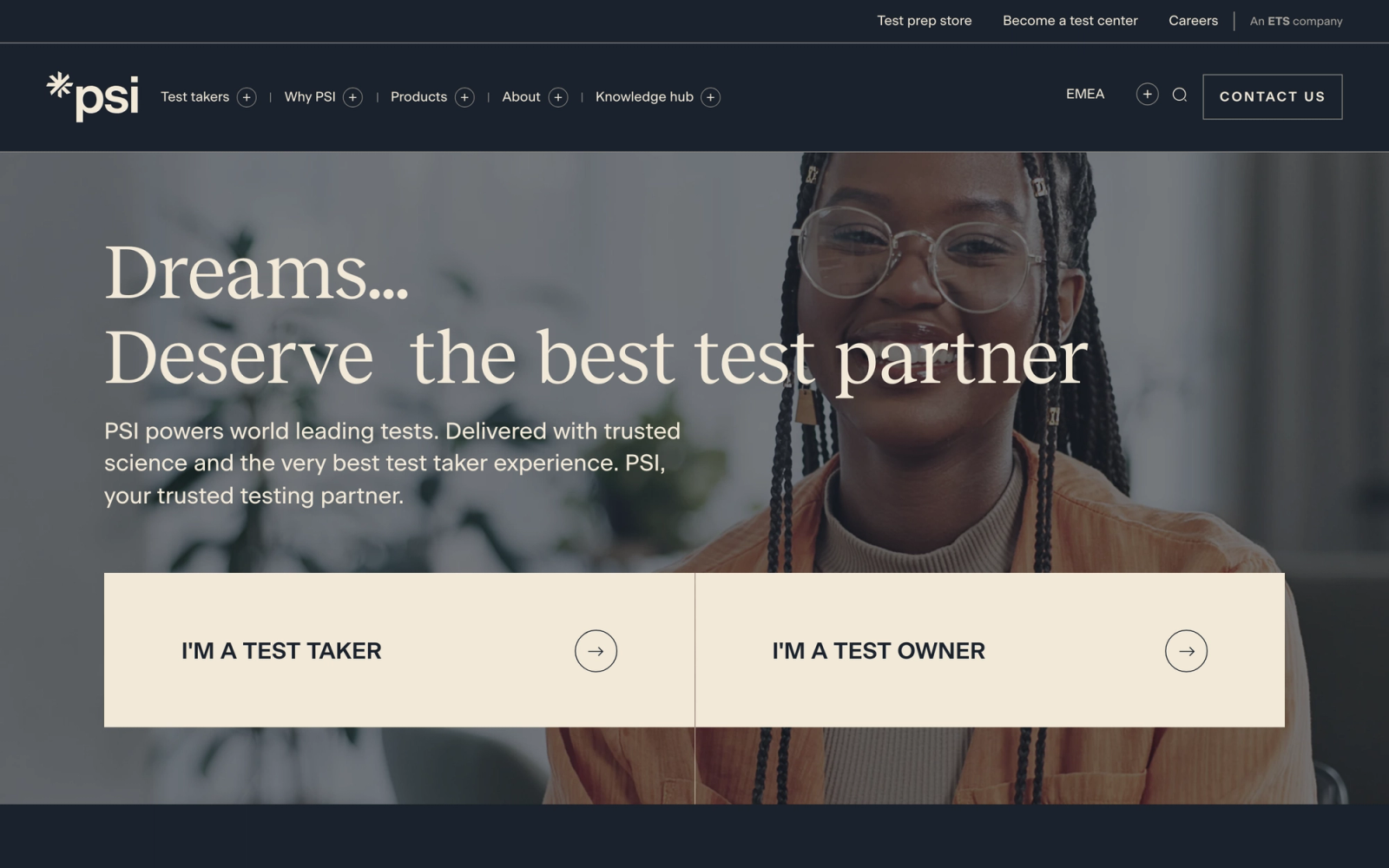 PSI Online homepage hero section