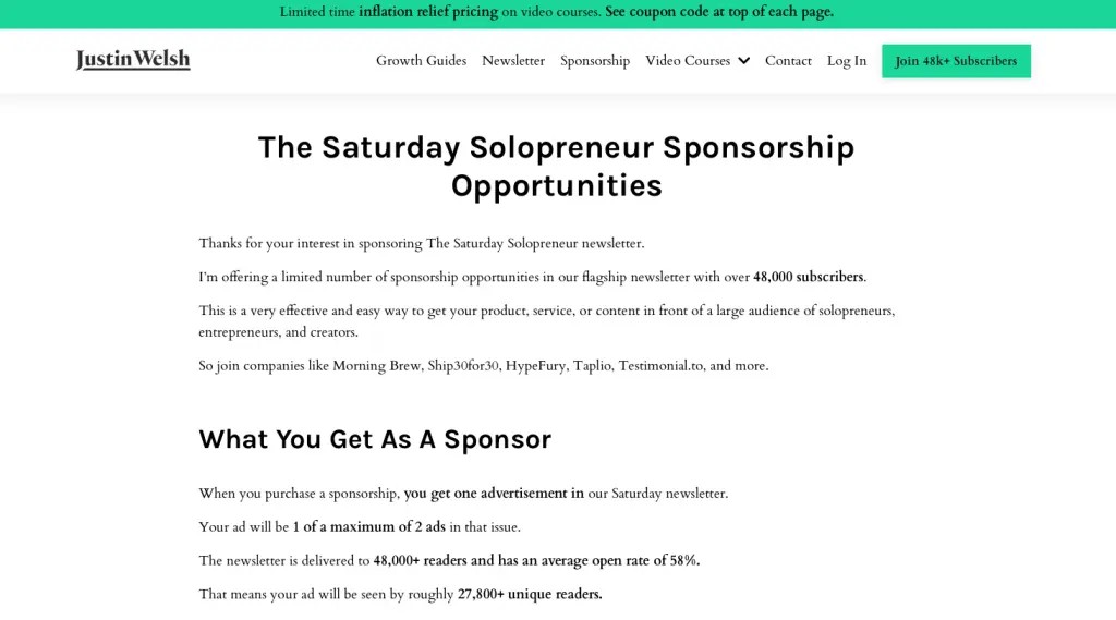 Justin Welsh The Saturday Solopreneur Newsletter Sponsorship Opportunities to boost course revenue