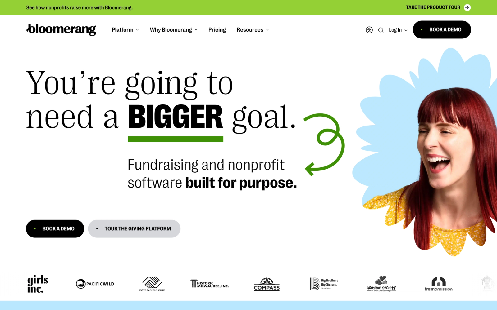 Bloomerang homepage hero section