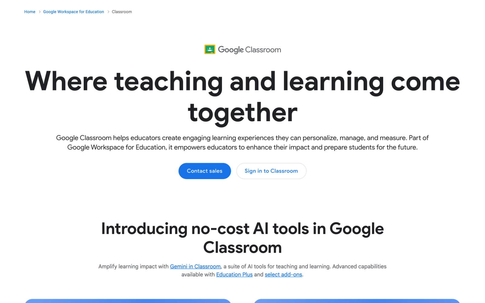 Google Classroom homepage hero section
