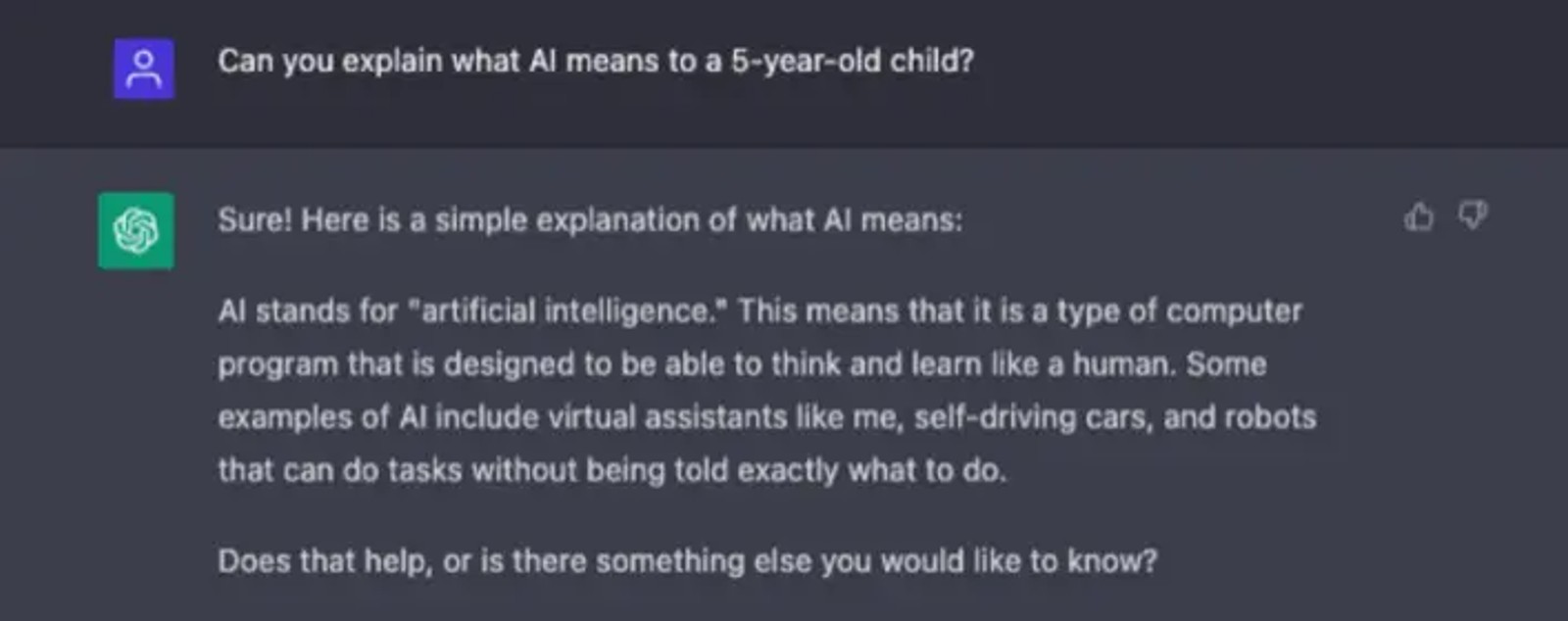 ChatGPT explaining artificial intelligence in simple terms