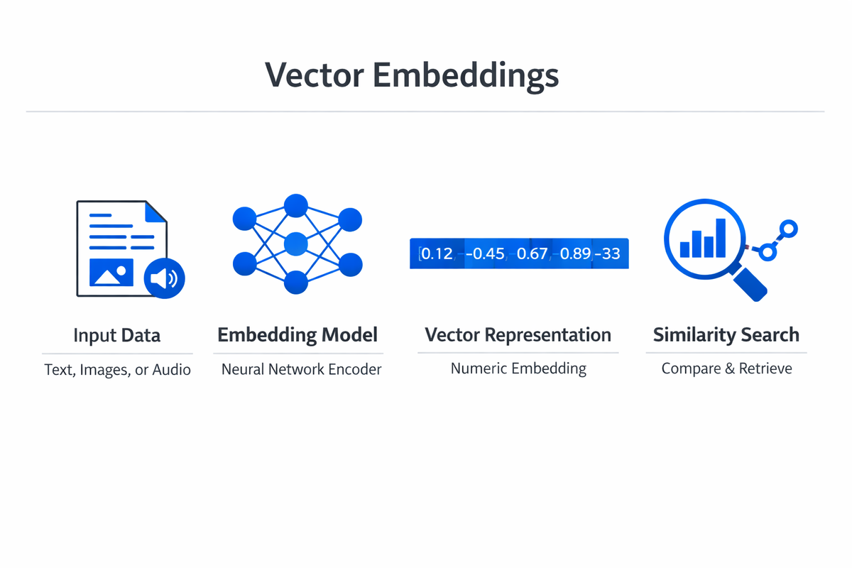 Infographic showing the key components and process of vector embeddings