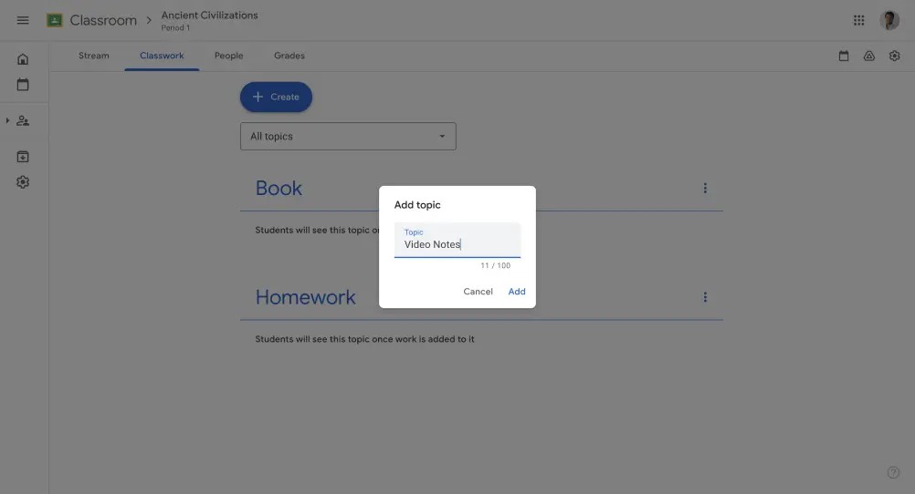 Create Topics in Google Classroom