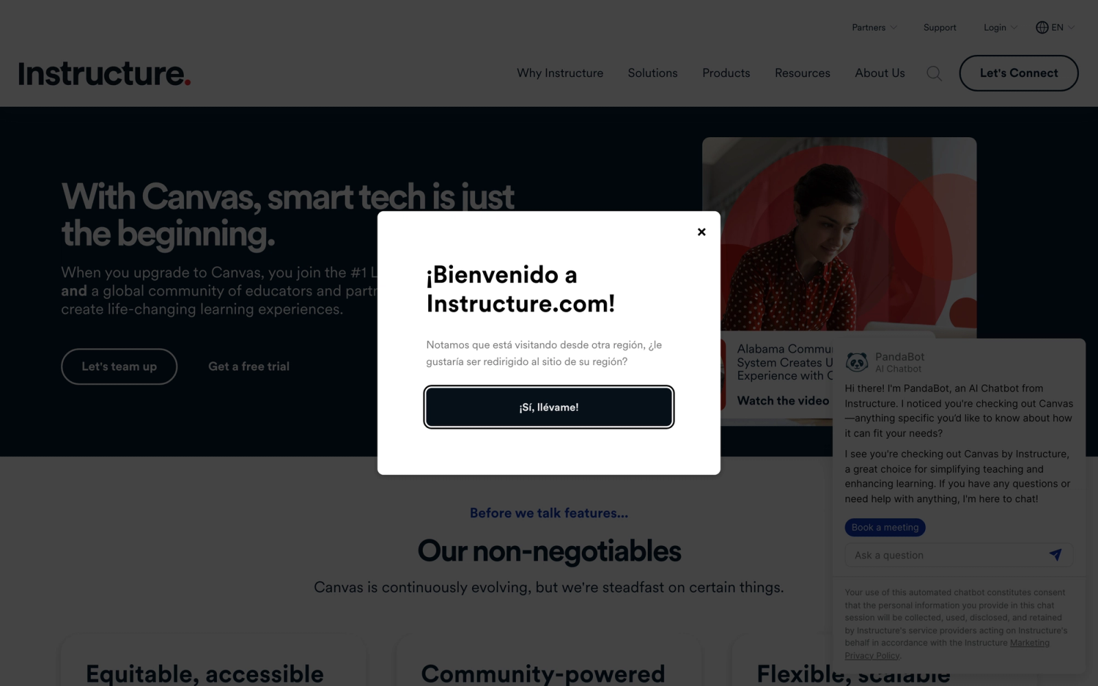 Canvas LMS homepage hero section
