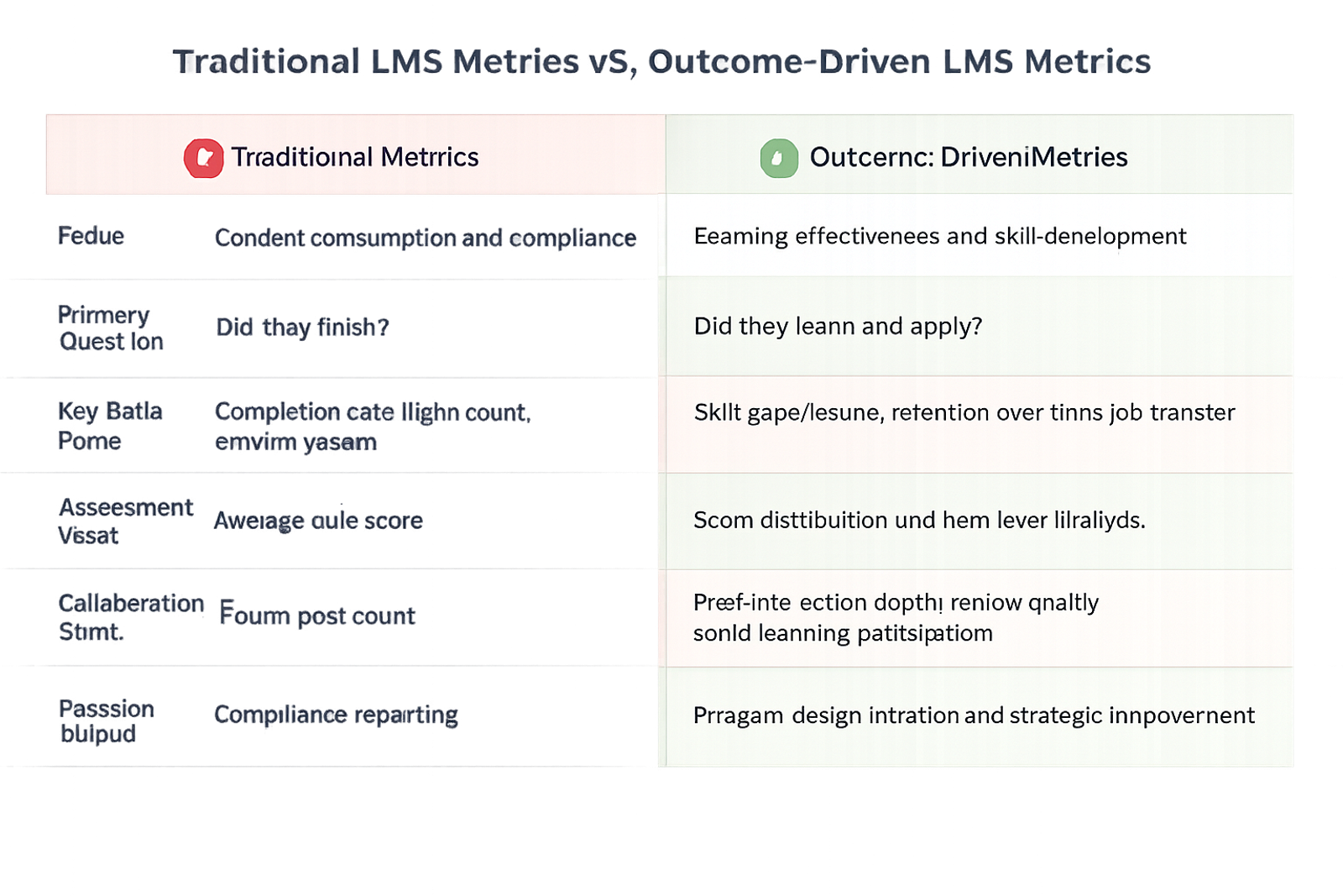 Comparison table showing six key differences between traditional LMS metrics and outcome-driven LMS metrics