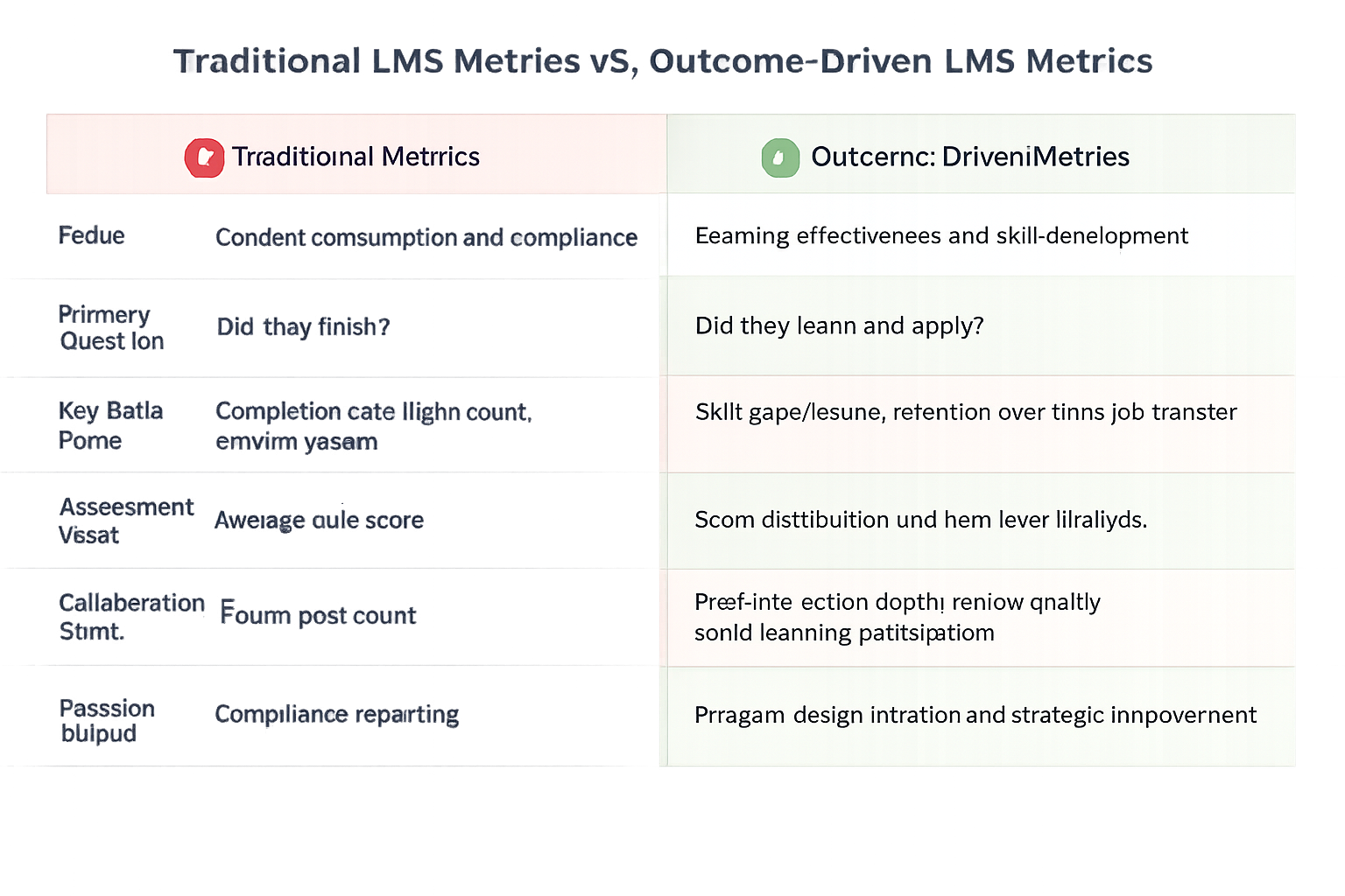 Comparison table showing six key differences between traditional LMS metrics and outcome-driven LMS metrics
