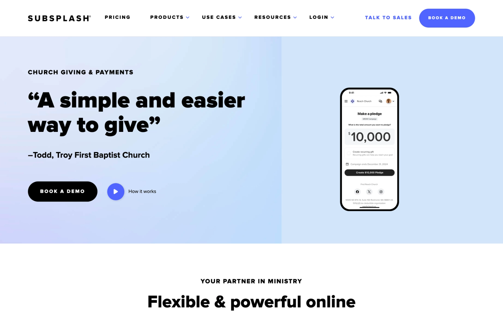 Subsplash Giving homepage hero section