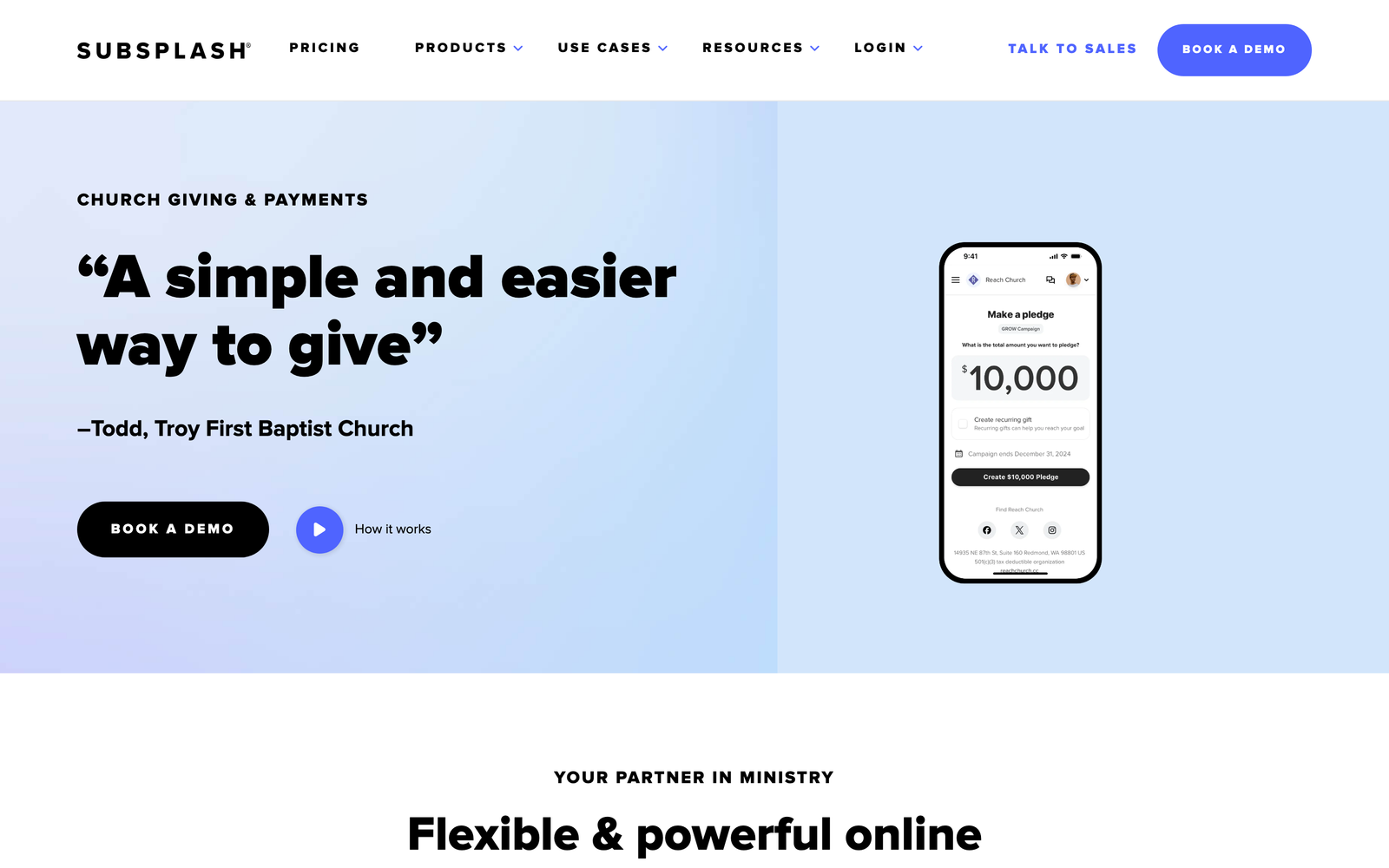 Subsplash Giving homepage hero section