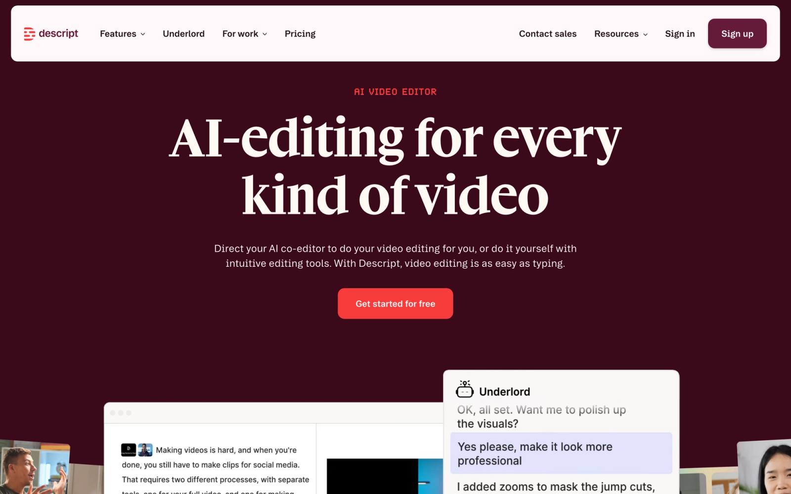 Descript homepage hero section