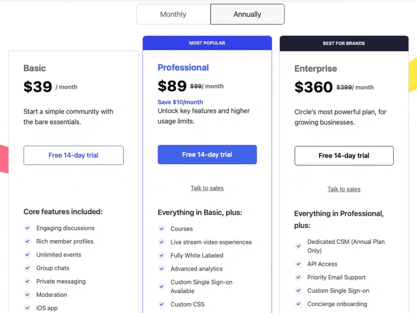Circle.so community platform pricing plans