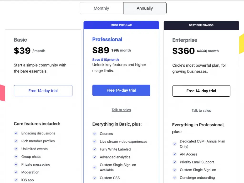 Circle.so community platform pricing plans