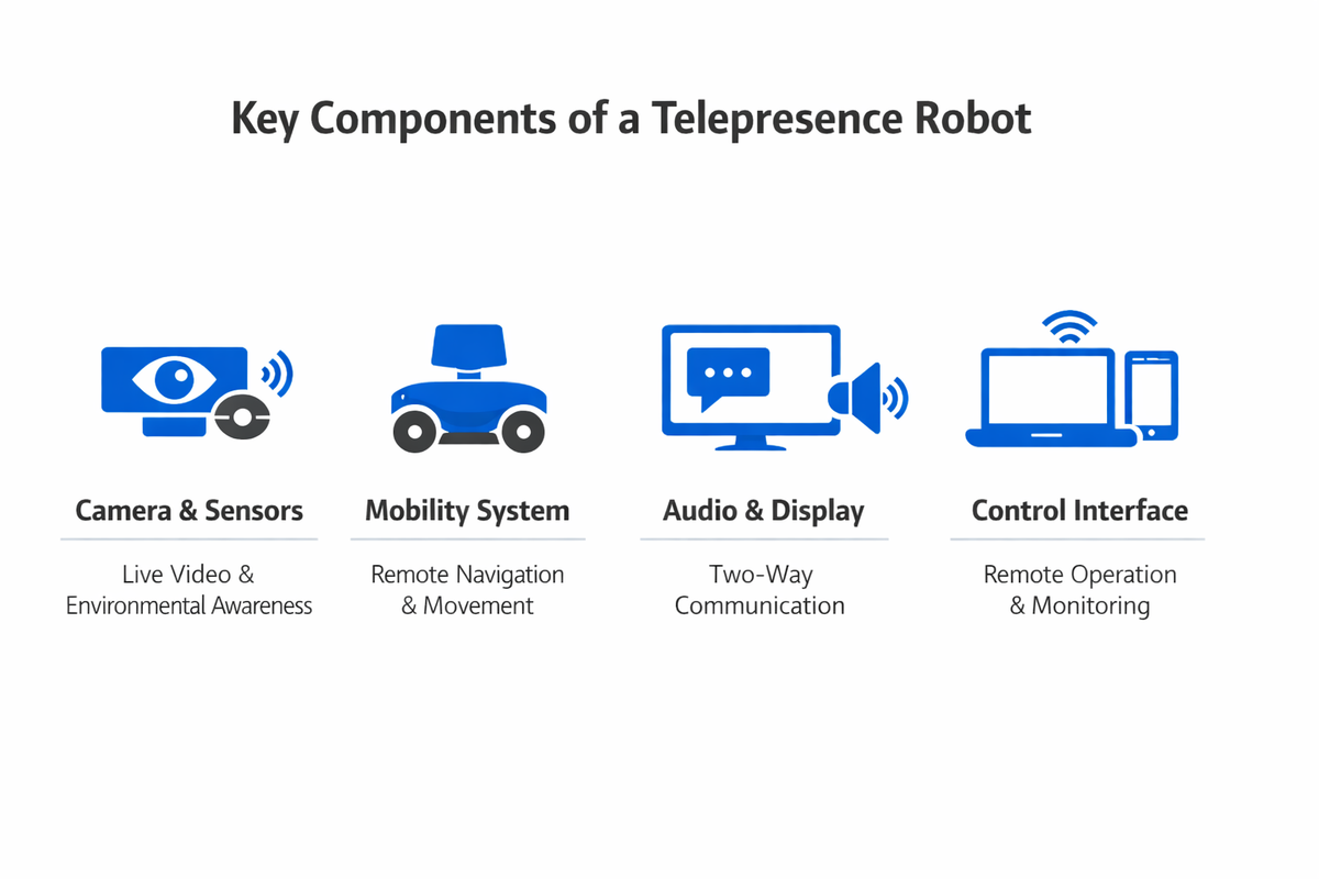 Infographic showing the key components and process of telepresence robot