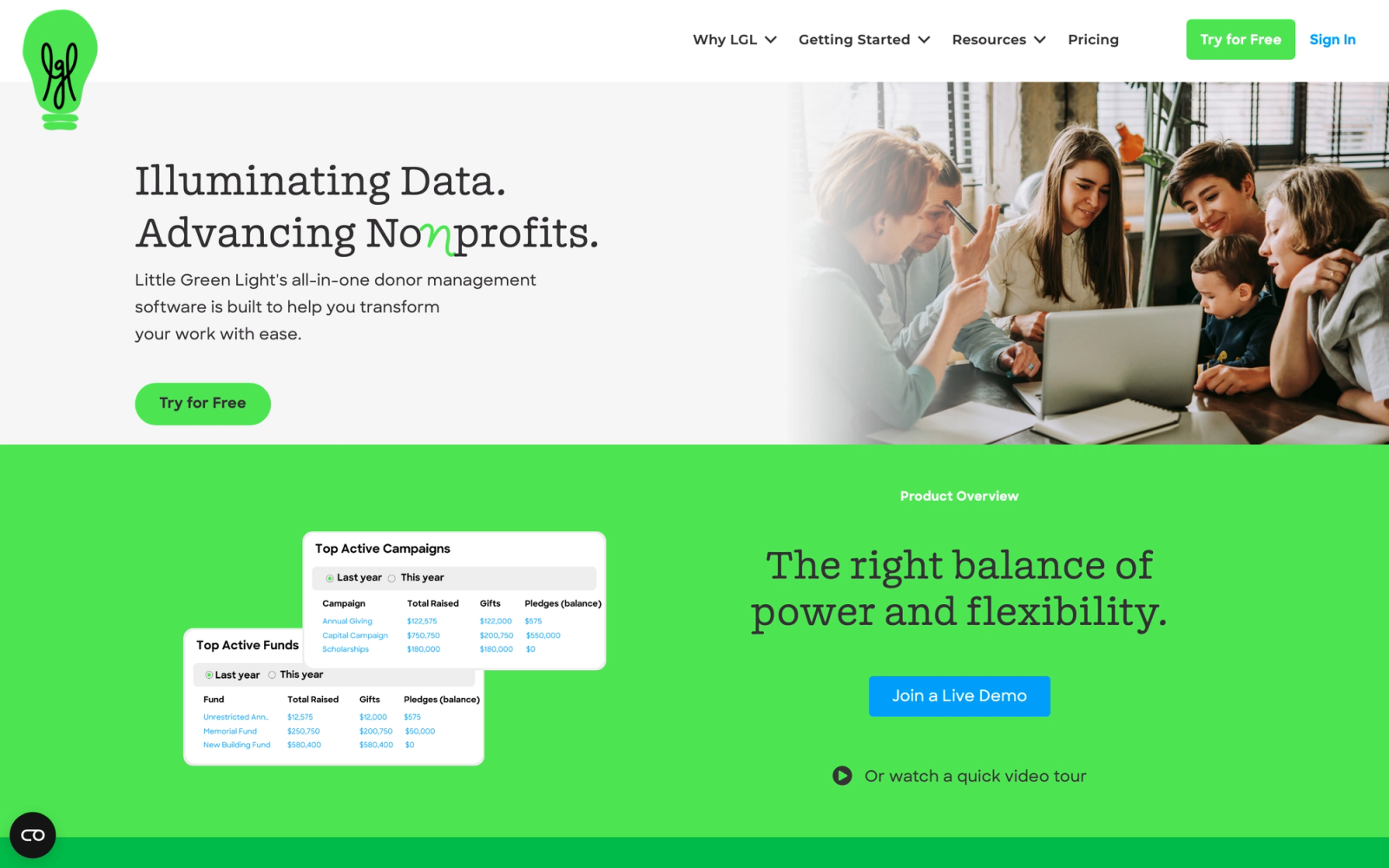 Little Green Light homepage hero section