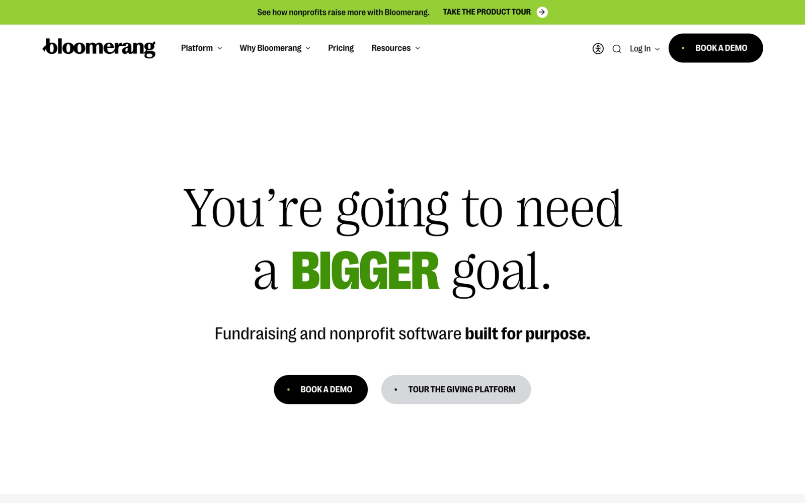 Bloomerang homepage hero section