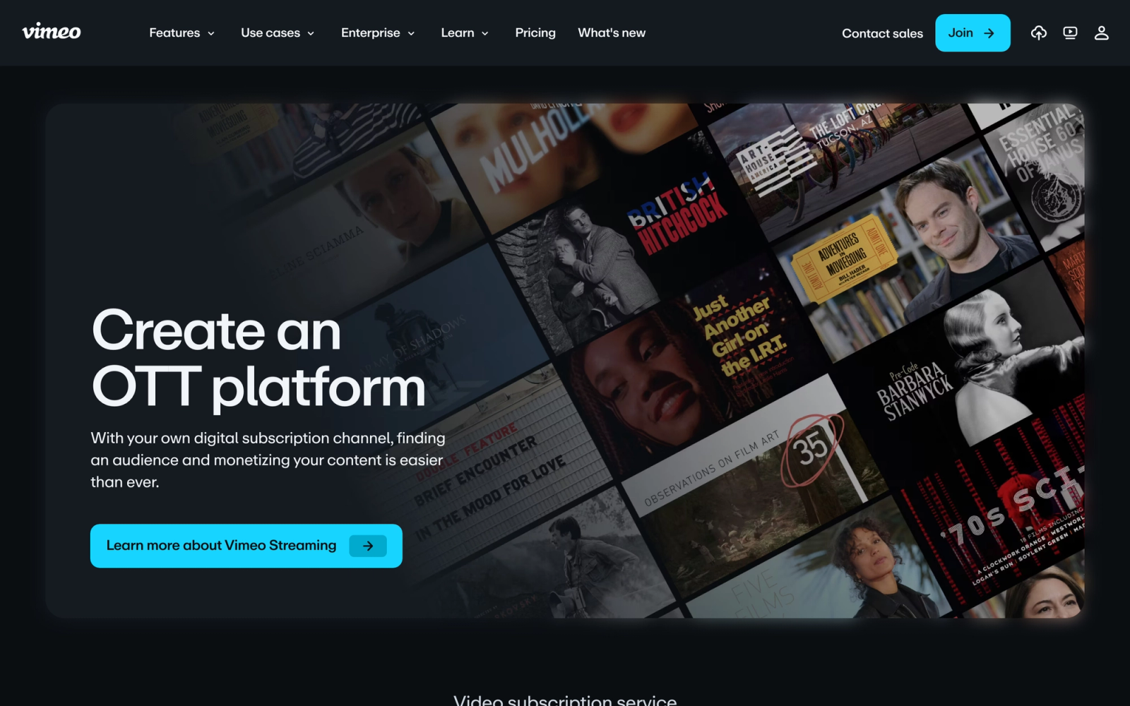 Vimeo OTT homepage hero section