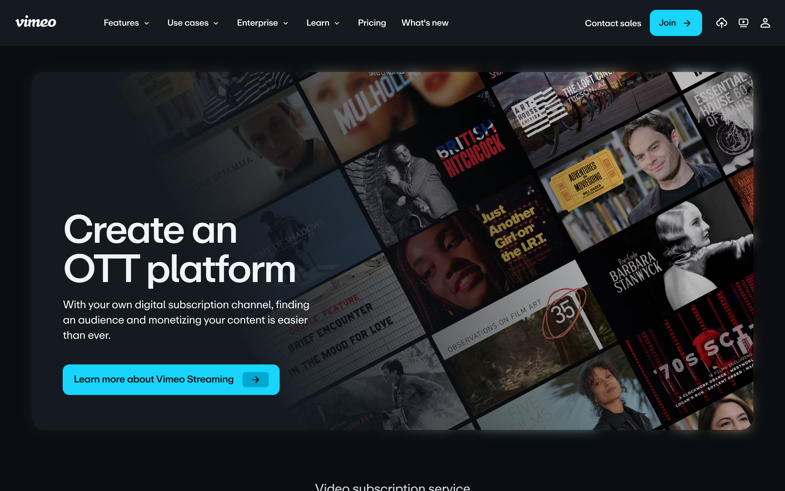 Vimeo OTT homepage hero section